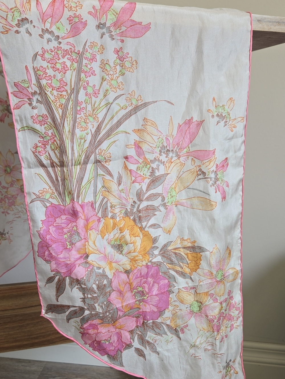 Vintage Silk Floral Assymetrical Scarf Flowy Dainty Retro 60s
